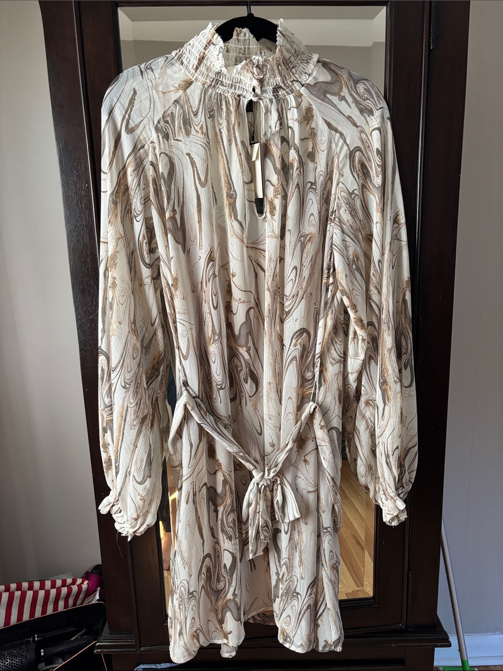 Banana Republic Cream Marble-Print Long Sleeve Dress with Taupe Swirl